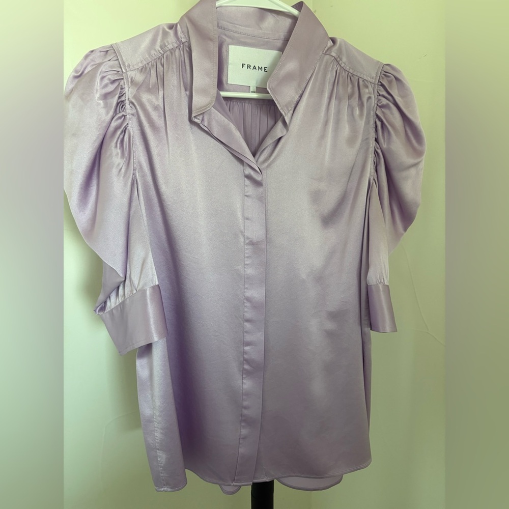 Frame Gillian Purple silk blouse with  Ruched 3/4 Sleeve Blouse size M